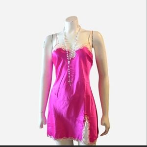 Vintage Victoria's Secret Hot Pink Slip Dress Lingerie W/Lace Trim Sz Sm.
